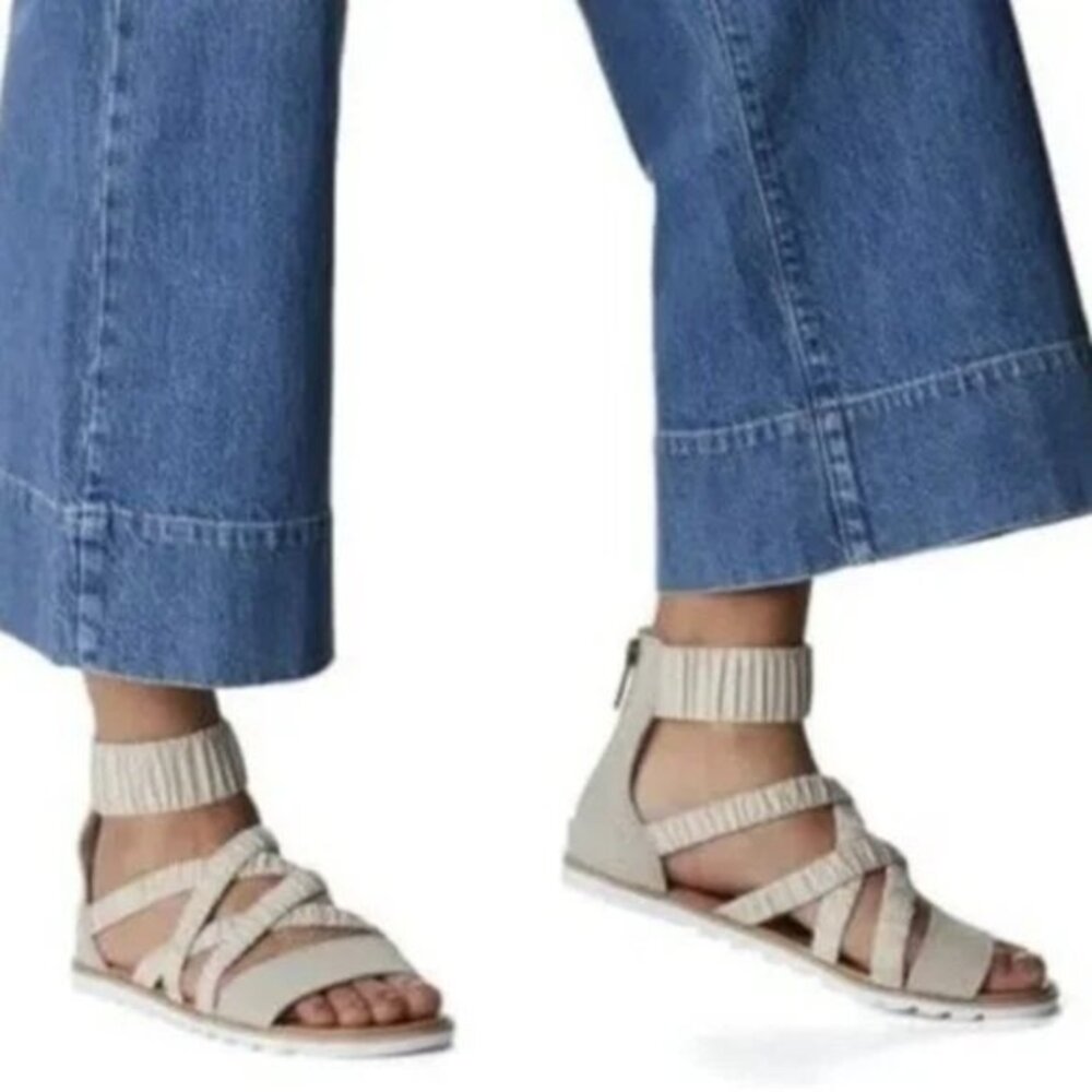Sorel Ella II Ankle Strap Ruched Elastic Sandals Leather‎ Flats Beige Size 6.5